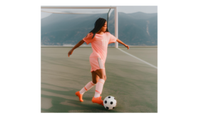 Girl dribbling soccer ball.